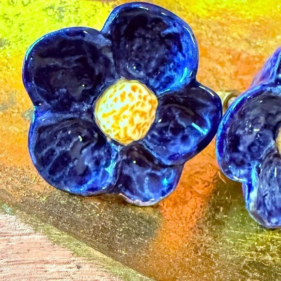 Anthropologie RARE Blue & Yellow Floral Knobs-Set of 2 - Picture 2 of 6